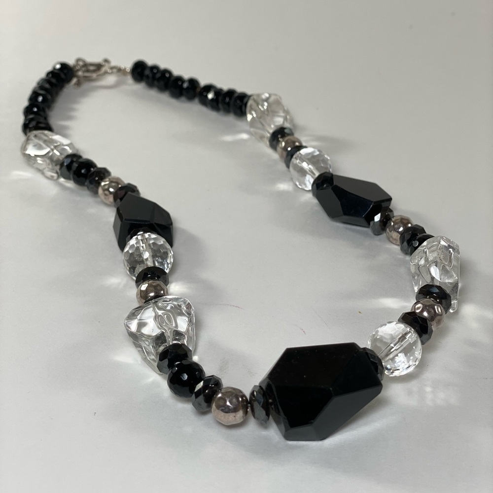 Signed AVI SOFFER 925 Black and Clear Beaded 16" Choker Necklace
